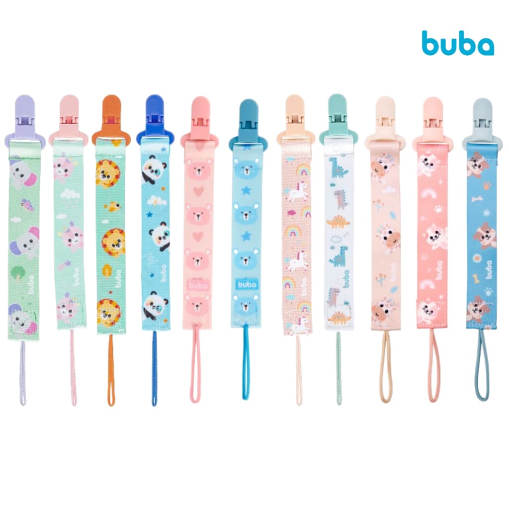 Prendedor para Chupeta Buba Fecho com Trava Cordão de Tecido Desenhos Divertidos Menino/Menina