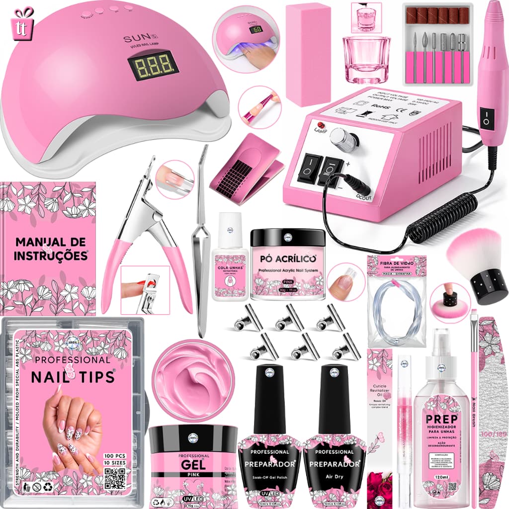 Kit Unha Gel Acrigel Fibra Para Iniciantes Completo Cabine Sun 5 estufa Unhas lixadeira elétrica Manicure Profissional
