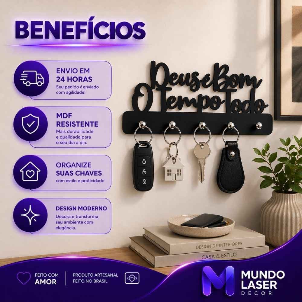 Porta Chaves Mdf Deus é Bom o Tempo Todo Parede Decoração Multiuso