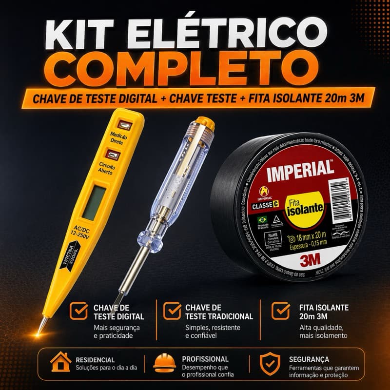 Kit Elétrico Completo – Chave de Teste Digital + Chave Teste + Fita Isolante 20m 3M