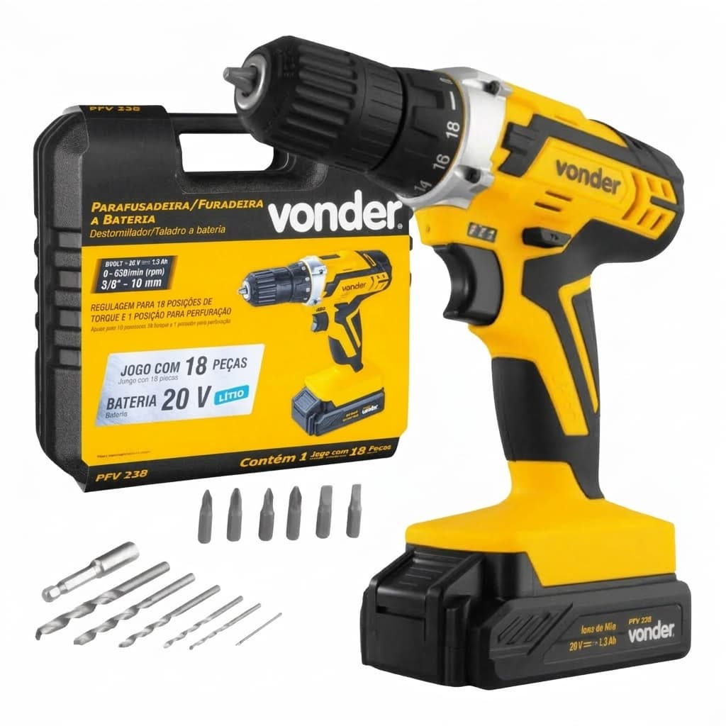 Parafusadeira e Furadeira Vonder PFV 238 Bateria 20V Kit Completo Maleta Bivolt
