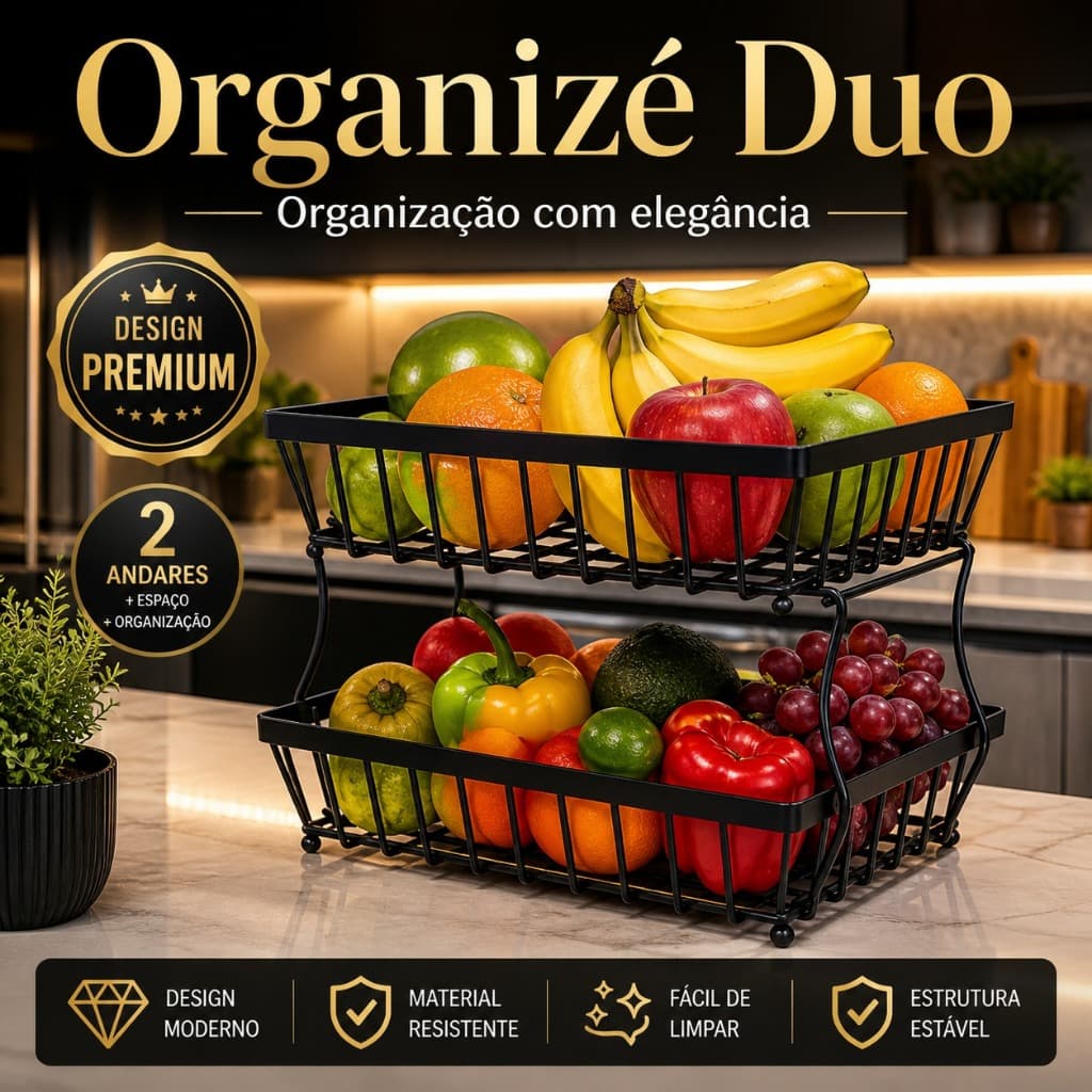 Organizador De Frutas E Legumes Metálico 2 Camadas Preto Suporte Multiuso Cozinha