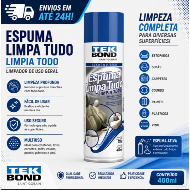 Espuma Limpa Tudo Spray Para Automóveis Higienização 400ml Kits 2 / 3 - TEKBOND