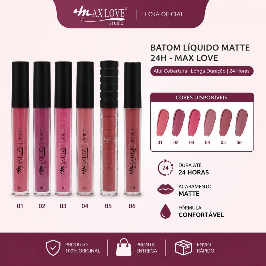 Batom Líquido Matte Max Love Original 24H Ácido Hialurônico Alta Fixação Não Transfere Longa Duração