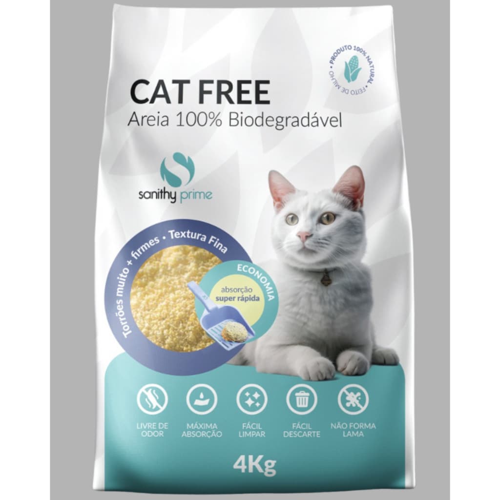 AREIA SANITÁRIA BIODEGRADÁVEL PARA GATOS - CAT FREE GRÃOS FINOS - 4KG