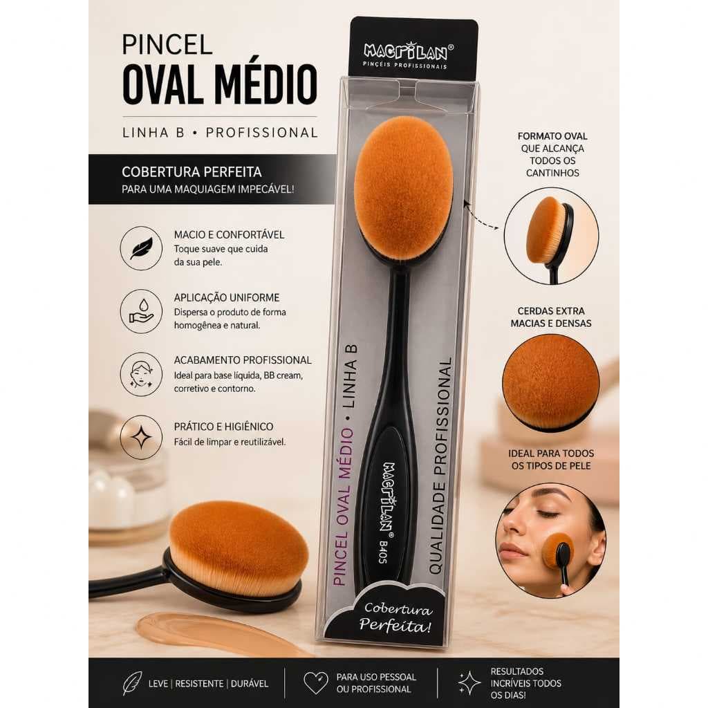 PINCEL PROFISSIONAL OVAL  ALTA PRECISÃO APLICAÇÃO BASE LIQUIDA CREMOSA CORRETIVO BLUSH CONTORNO MACRILAN B 405 MEDIO