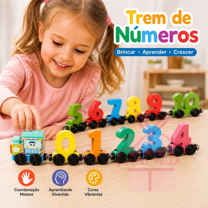 Trem Magnético de Madeira com Números 0-10 - Brinquedo Educativo Montessori para Aprender Contar, Cores e Matemática
