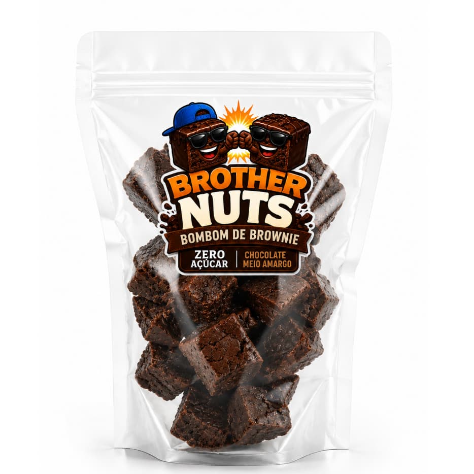 Bombom Zero Açúcar de Brownie Meio Amargo com Whey Protein Premium Embalagem Zip Lock