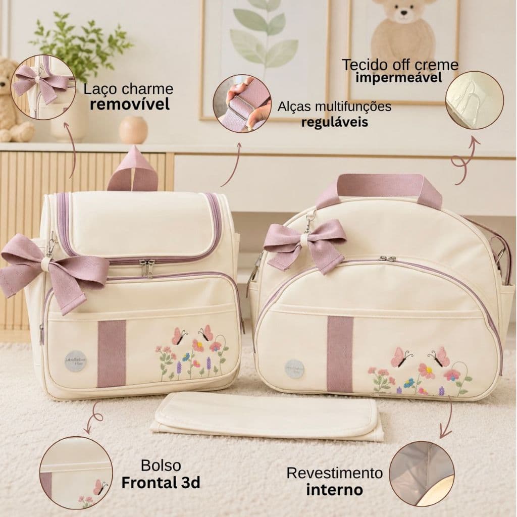 Kit Bolsa Maternidade Grande + Mochila de bebe + Trocador Impermeável Menina Enxoval Bibolinha Baby