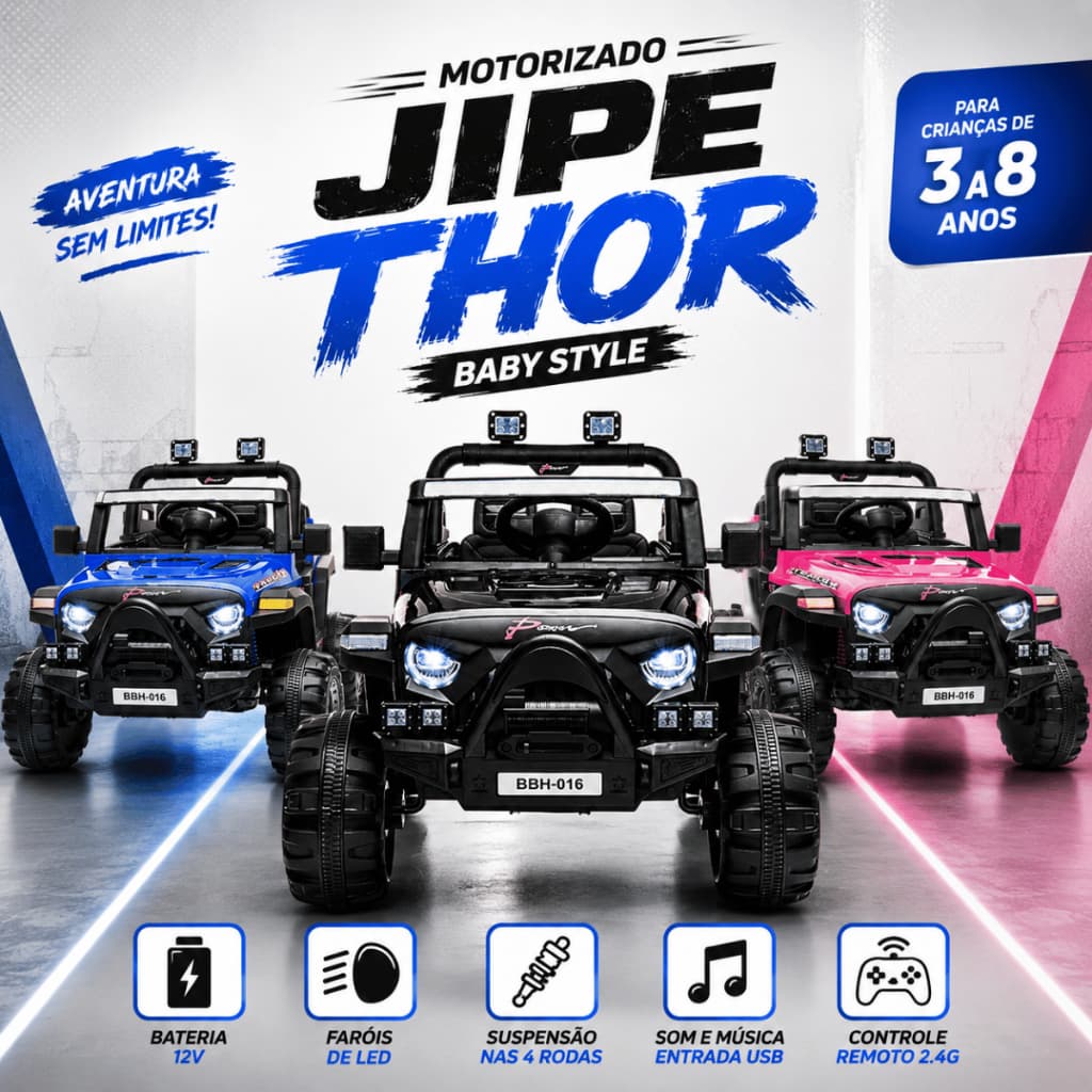 Carrinho Elétrico Infantil Jipe Thor 12V Controle Remoto LED USB Carrinho de Passeio 4x4 3 a 8 Anos - Baby Style