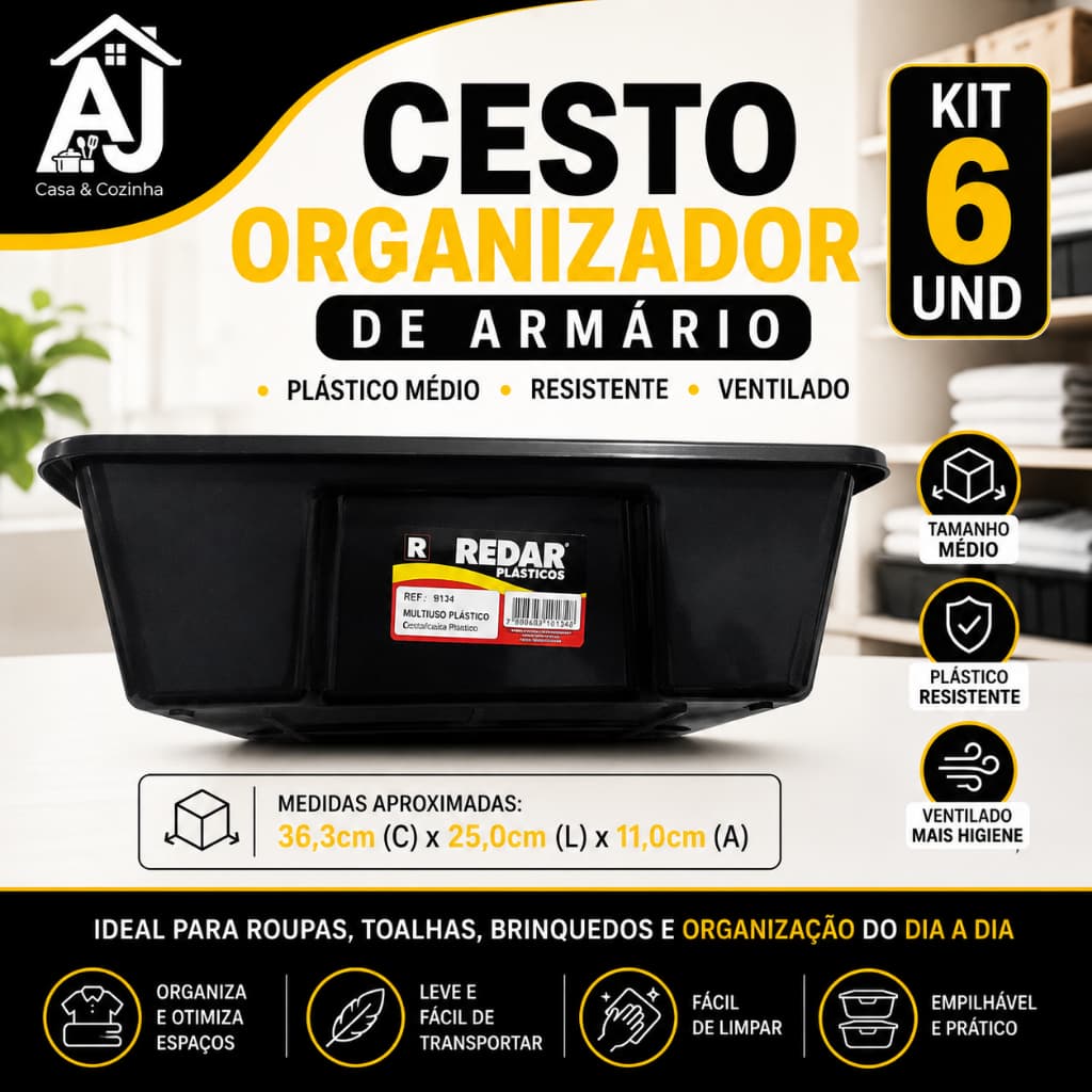 Kit 6 Cesto Organizador de Armario Plastico Medio para Gaveta, Cozinha, Banheiro, Casa