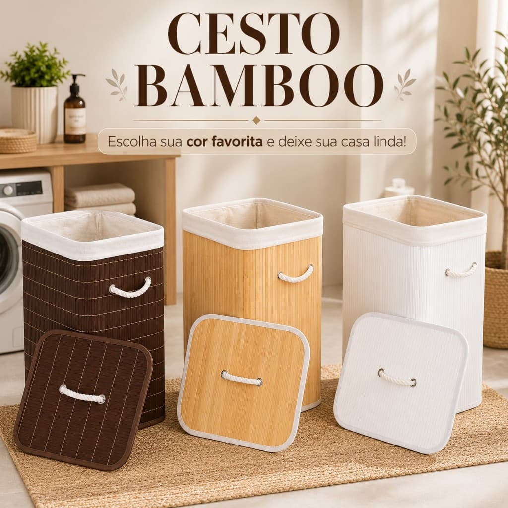 Cesto Organizador Bambu 70L Tampa Alças Brinquedos Lavanderia Banheiro Closet Decorativo Resiste