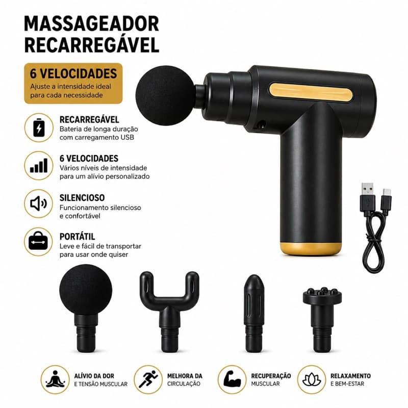 Massageador Muscular Gun 6 Velocidades Recarregável USB