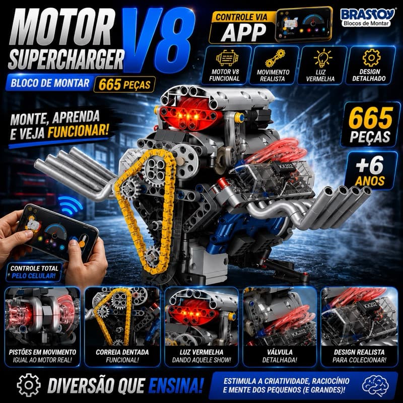 Bloco de montar Motor V8 665 Peças Controle APP celular Tipo Lego
