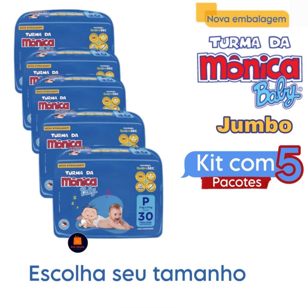 Kit C/5 Pacotes de Fralda Turma Da Monica  Jumbo RN,P,M,G