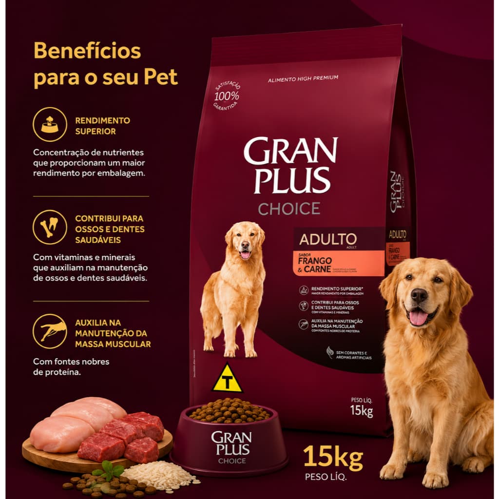 Ração Gran Plus Choice Caes Adultos Sabor Frango e Carne 15KG Nutricao Completa