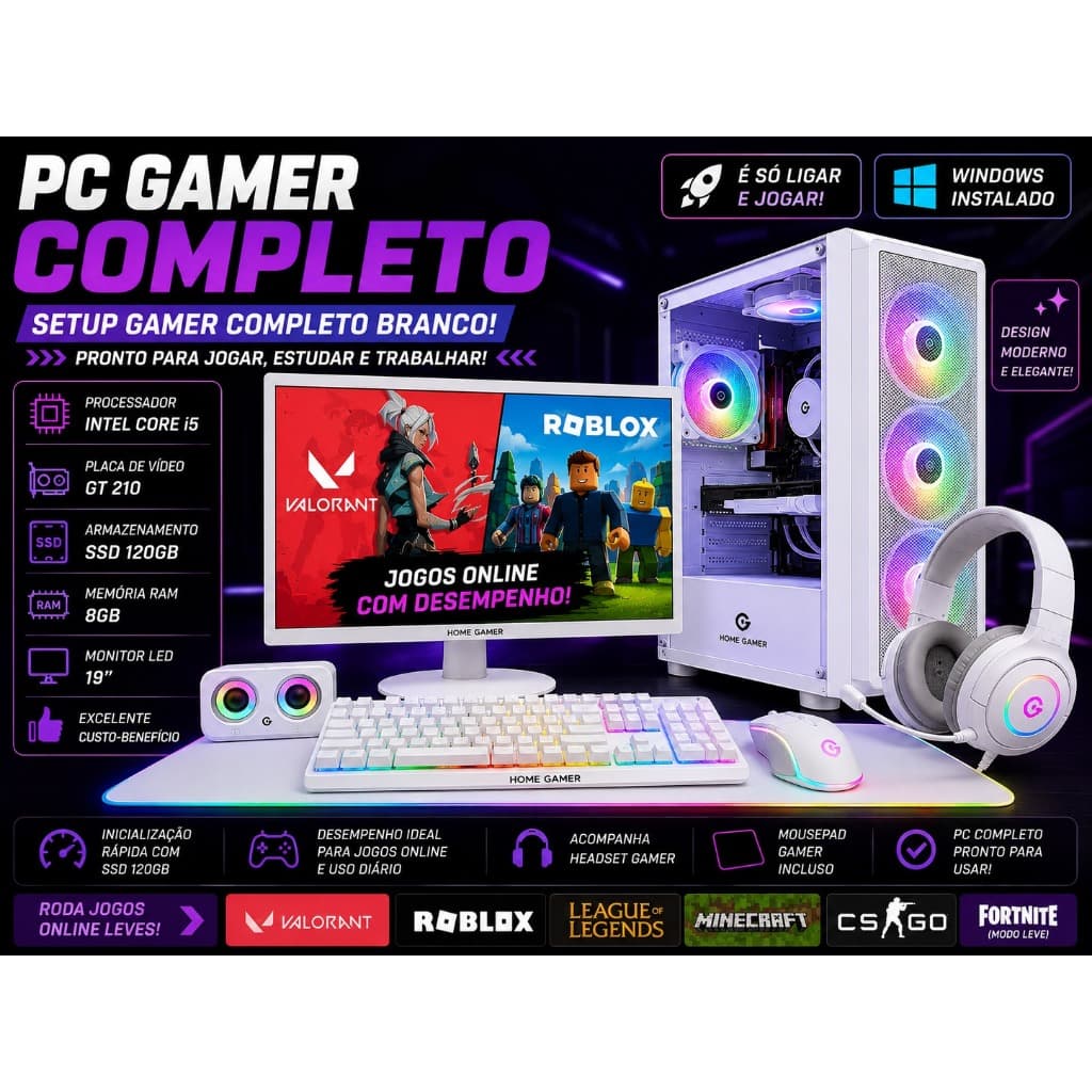 PC Gamer Completo i5 GT 210 SSD 120GB Setup Gamer Branco Monitor 19 Windows