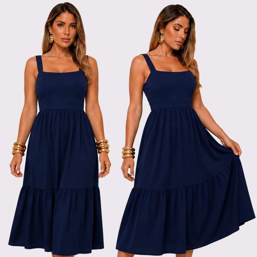 Vestido Mídi Alça Rodado Vestido Moda Cristã Feminino  Vestido Midi Canelado Casual Básico Modelador