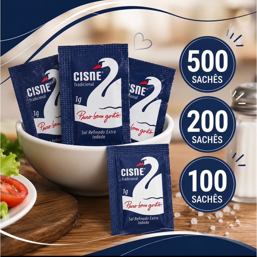 Sal Sachê Cisne 1g – Kits 100, 200, 500 ou 1000 Unidades Restaurantes Comercio Lanches Marmitas Economico