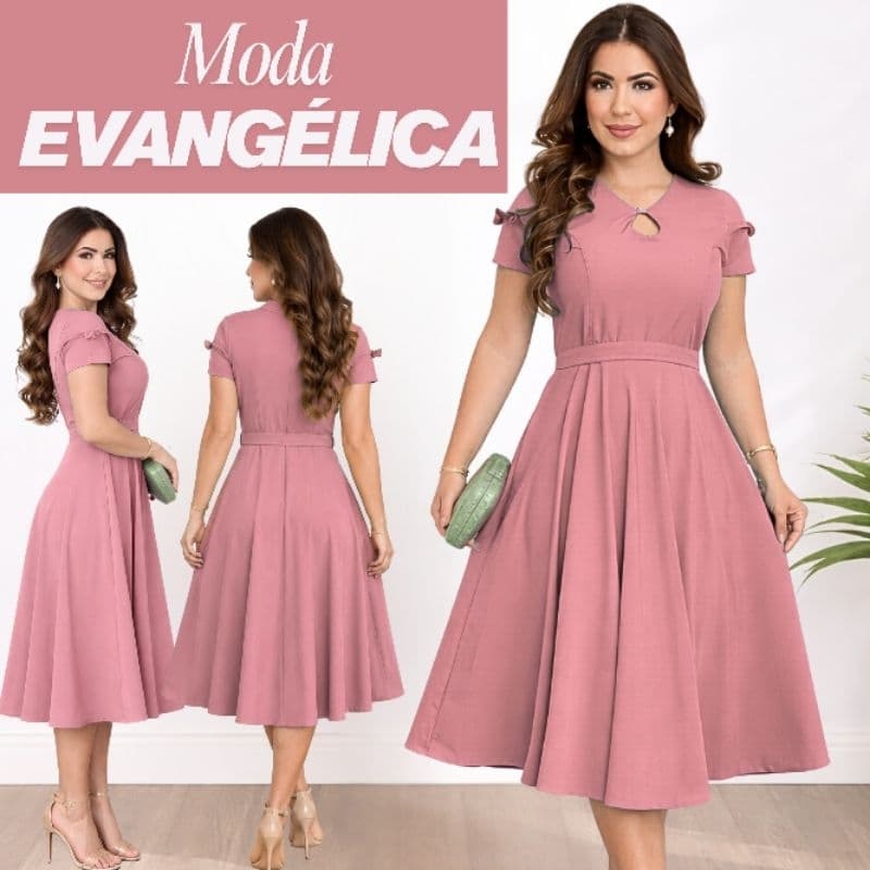 Vestido Midi Godê Feminino Casual Tecido Leve Premium Rodado Elegante Acinturado Festas Eventos Igrejas Modesto Man