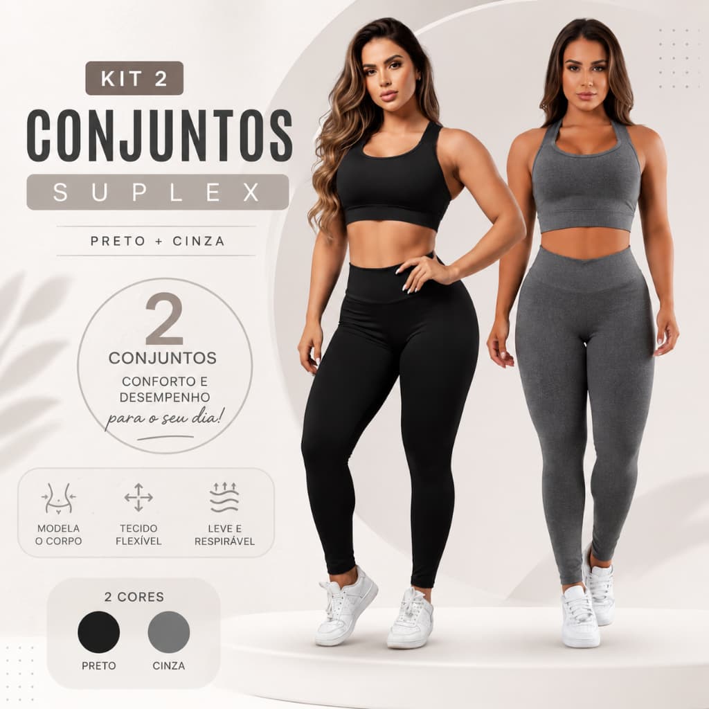 Kit 2 Conjuntos Calças Legging + Top Moda Fitness Roupas Feminina Para Academia A01