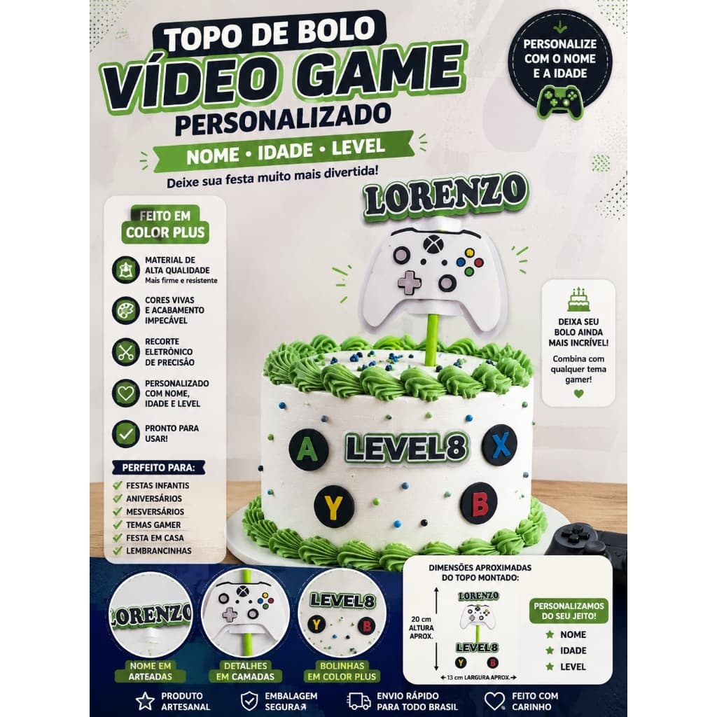 ENVIO RÁPIDO!!! Topo de bolo Festa Aniversário Video Game Gamer Personalizado – Controle e Botões – Decoração Festa Game
