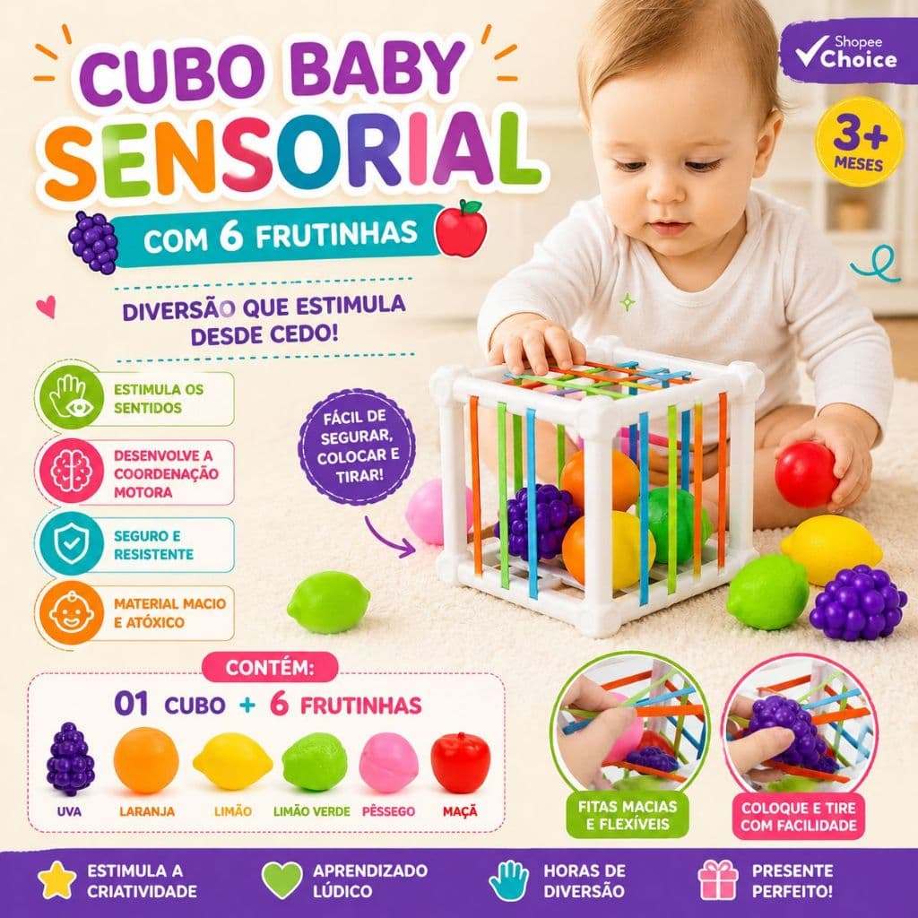 Cubo Baby Sensorial Com 6 Frutinhas Brinquedo Educativo Montessori Bebê Desenvolvimento Motor