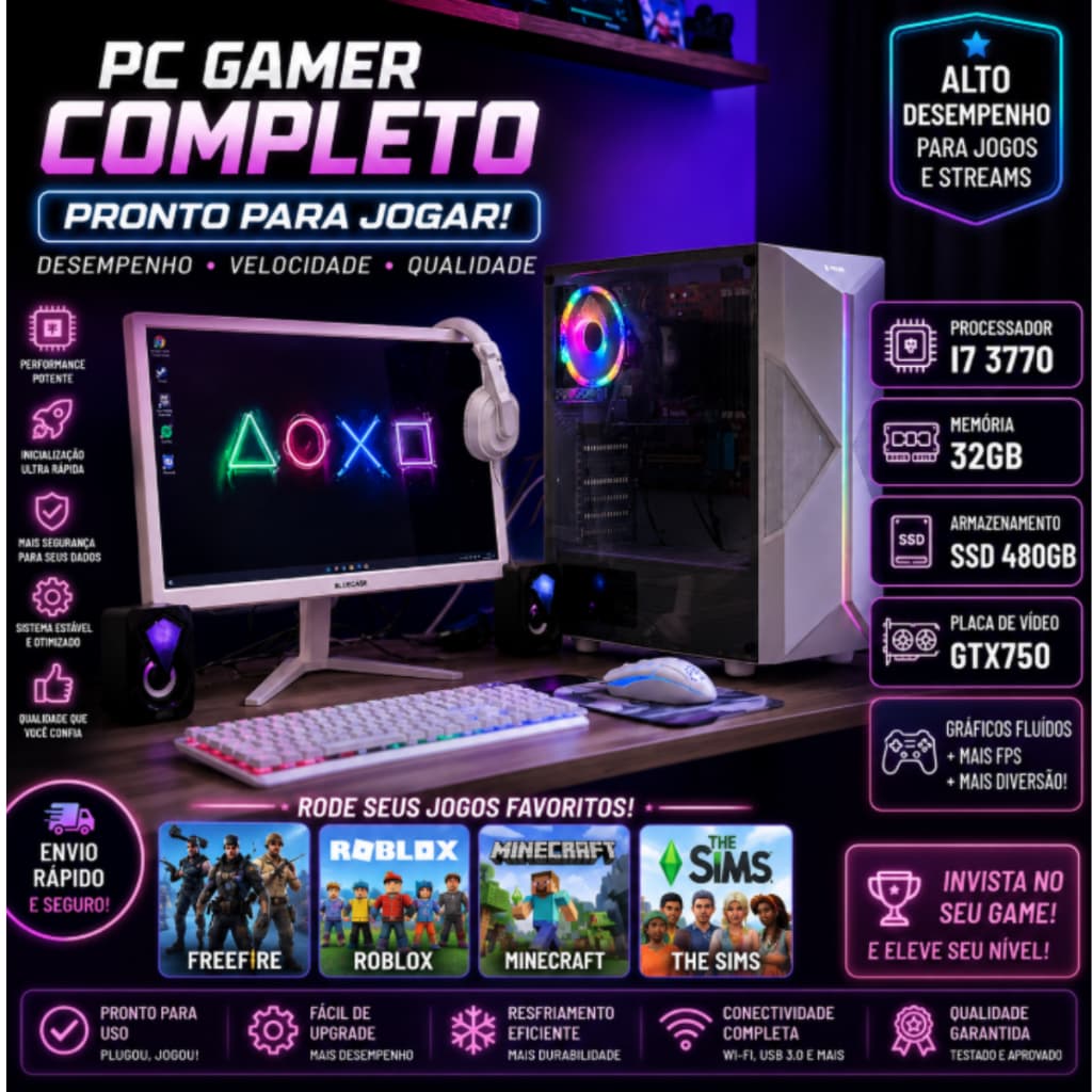 Pc Intel Core Gamer Completo I7, 32Gb, SSD 480GB, GTX750 4GB + MONITOR 21,5 KIT GAMER