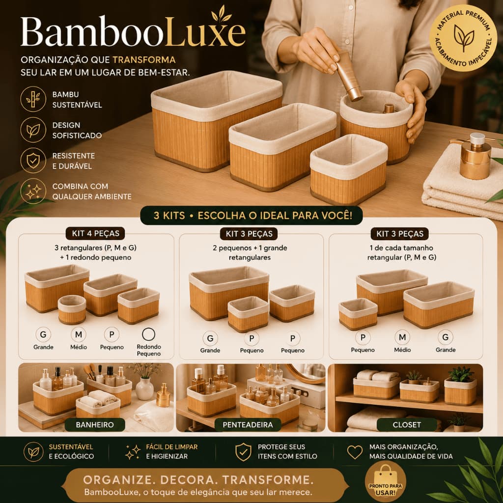 Kit Cestos Organizadores Multiuso em Bambu Natural para Banheiro Closet Quarto Cozinha
