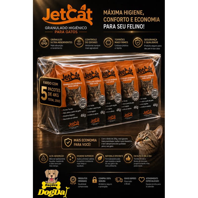 Areia JetCat Granulado Fardo 5 Unidades de 4kg – Máxima Higiene e Controle de Odores