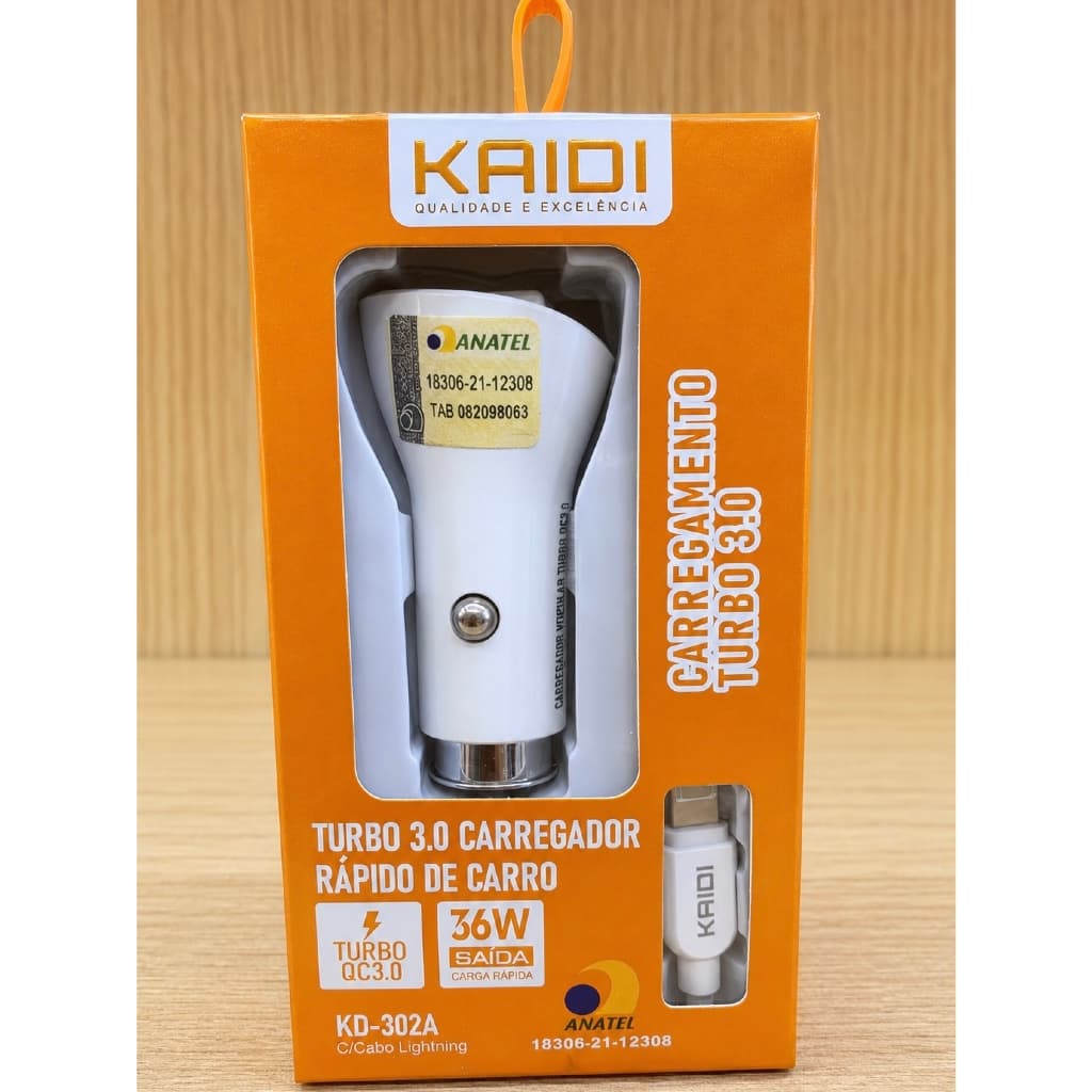 Carregador Veicular Turbo 3.0 Kaidi KD-302A 36W com Cabo Lightning IPhone IOS– Carga Rápida