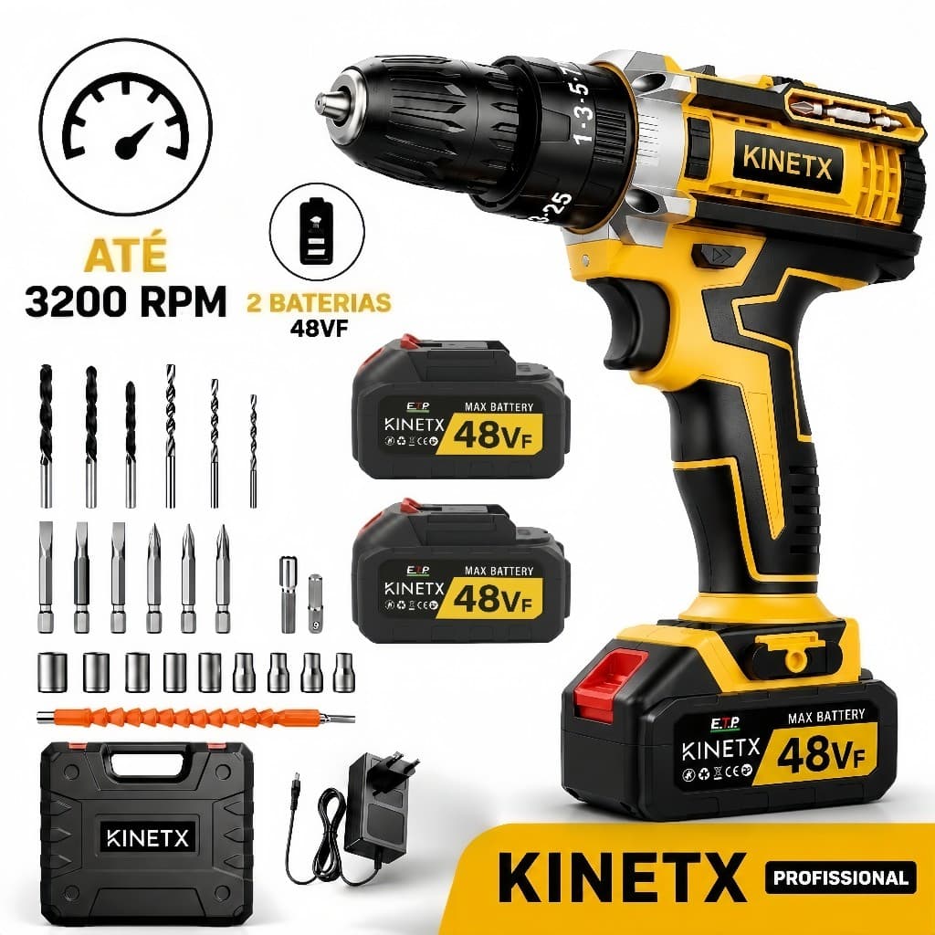 Parafusadeira Furadeira KINETX 75Nm 3200RPM Sem Fio Bivolt Profissional com 2 Baterias Lítio + Acessórios Maleta
