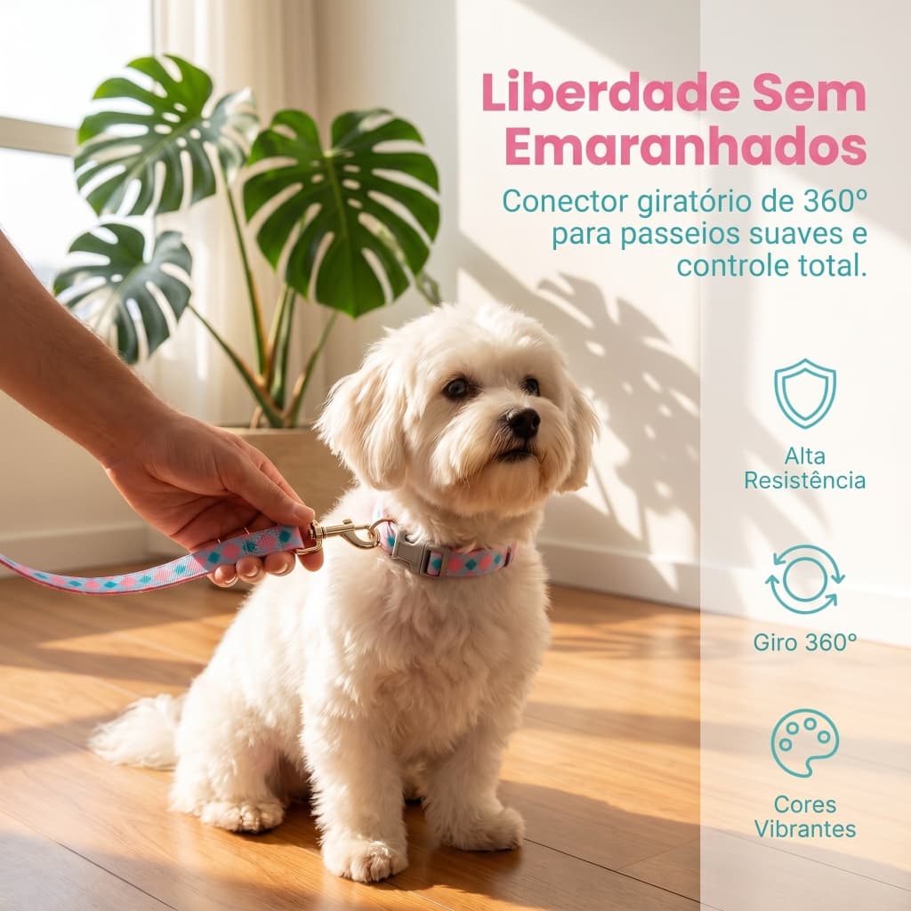 Guia e Coleira para Cães Pequeno/Médio, Estampa Diamante Rosa/Azul, Giro 360°, Náilon Resistente