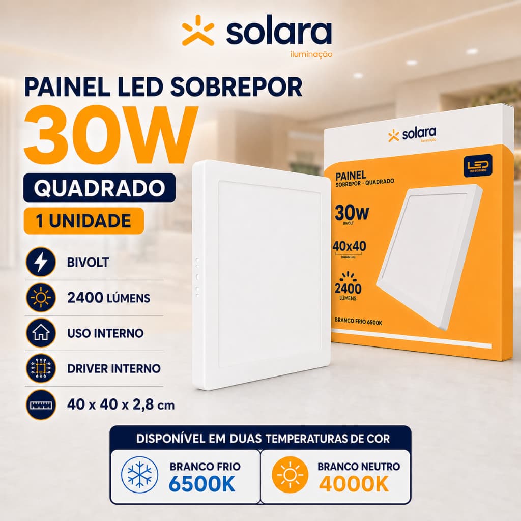 Painel Plafon LED 30W Sobrepor Luminária Quadrada 40X40cm Forte Frio 6500K Neutro 4000K Solara