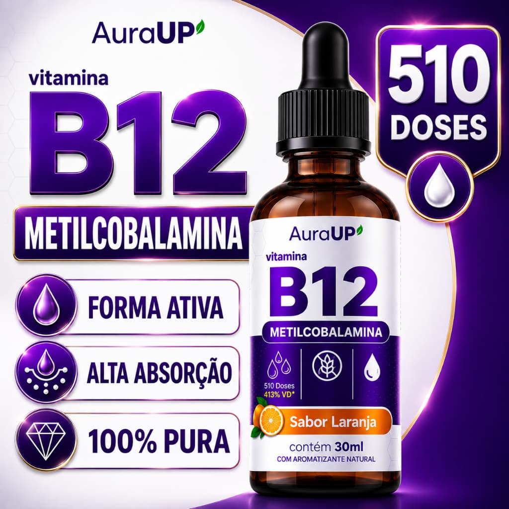 Vitamina B12 Metilcobalamina 510 Doses Concentrada Gotas 30ml Sem Açúcar AuraUp Suplemento Alimentar