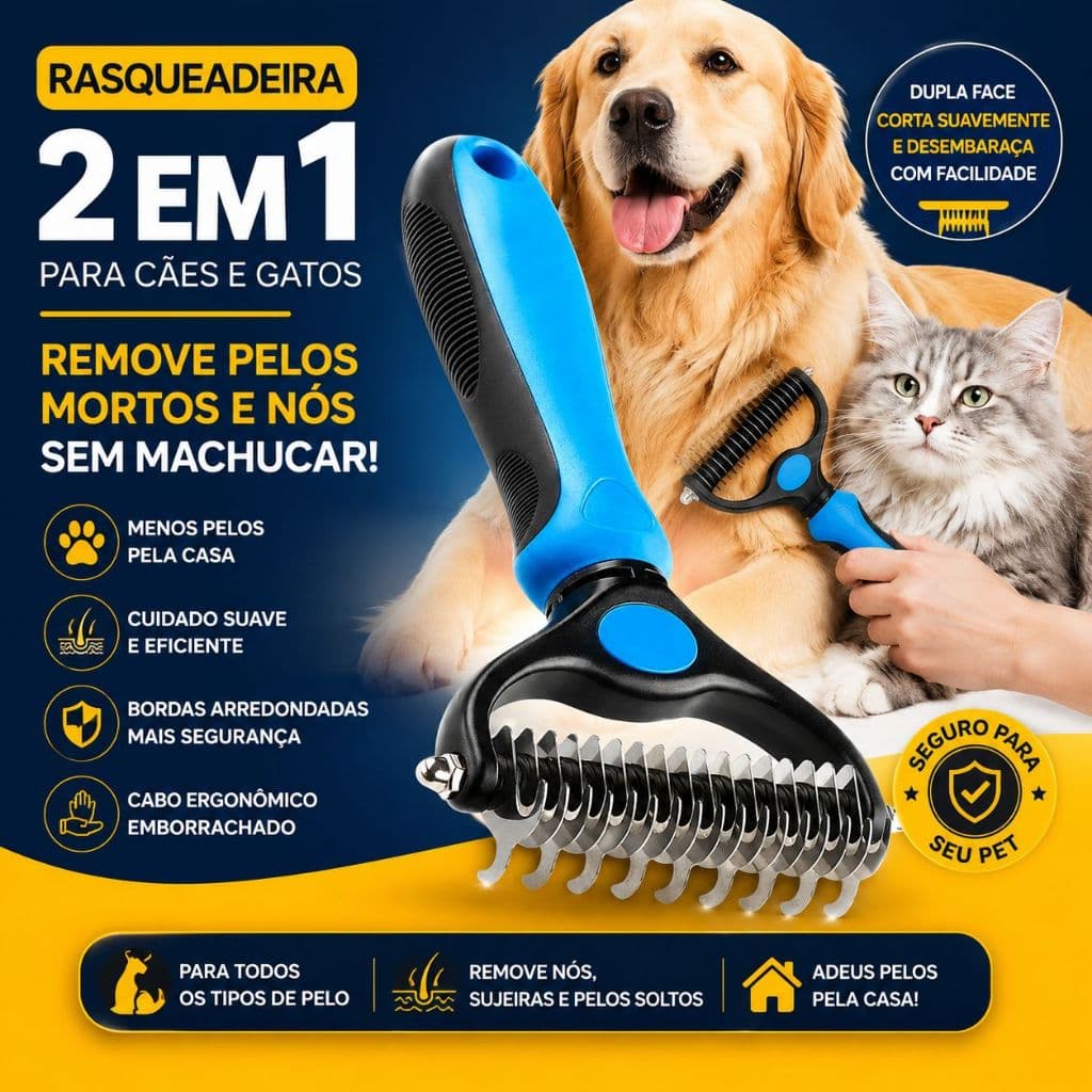 Rasqueadeira 2 em 1 Para Cães e Gatos | Remove Pelos Mortos e Desembola com Conforto - BARUCH