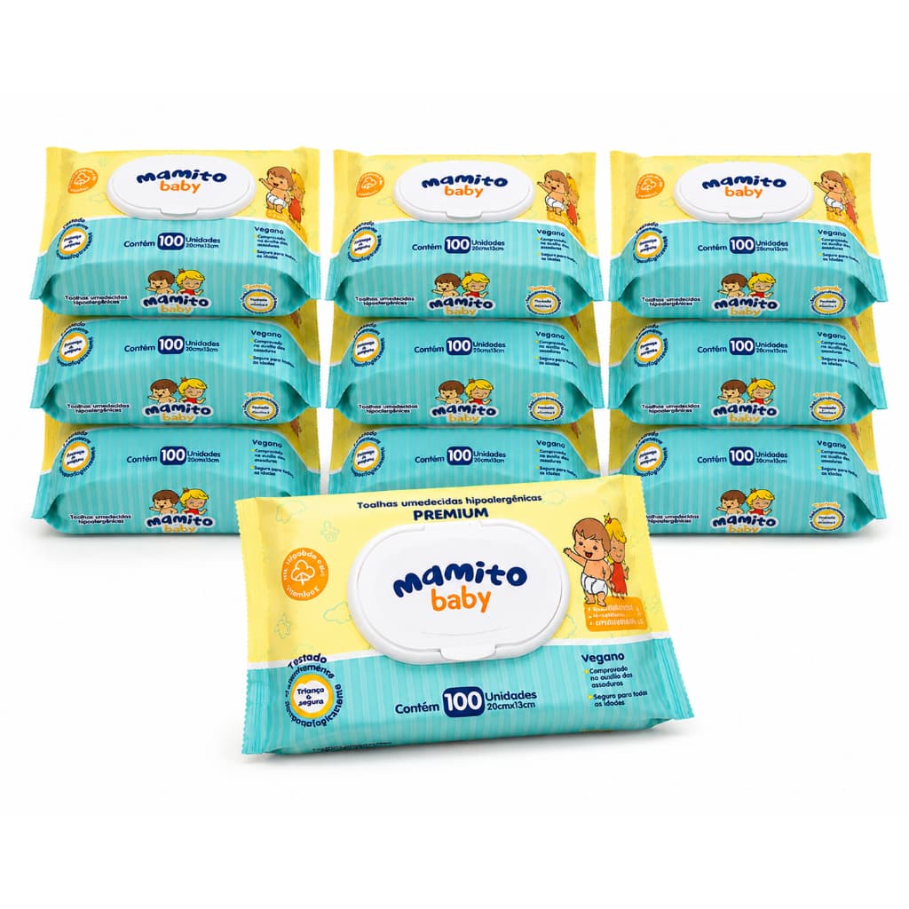 Kit 10 Pacotes Toalhas Umedecidas Mamito Baby Premium 100 Folhas 98% Água Lenço Umedecido