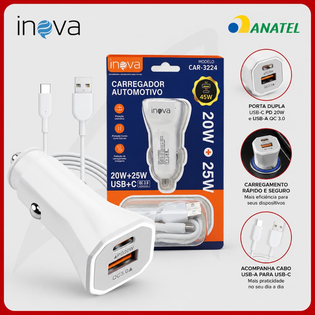 Carregador para Celular Veicular Carro 2 Entradas USB Com Cabo Turbo