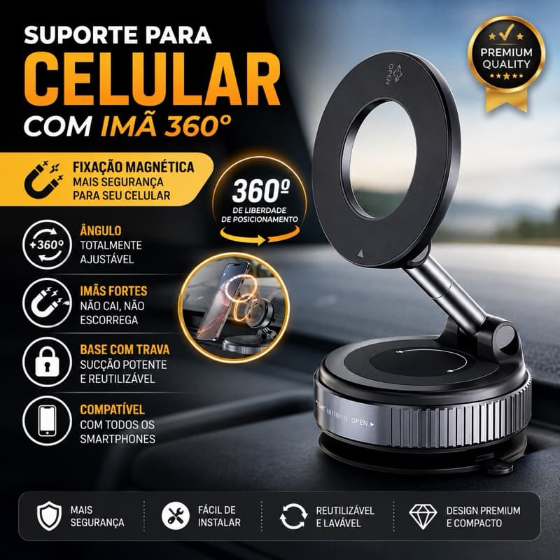 Suporte de Celular Magnético 360° Carro Casa Vidros Dobrável 16 Ímãs Super Potentes + Ventosa Dupla