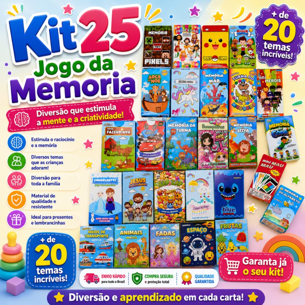 Kit 25 Jogo da Memoria Brinquedo Infantil Kit Festa Lembrancinha Prenda Educativo Didático