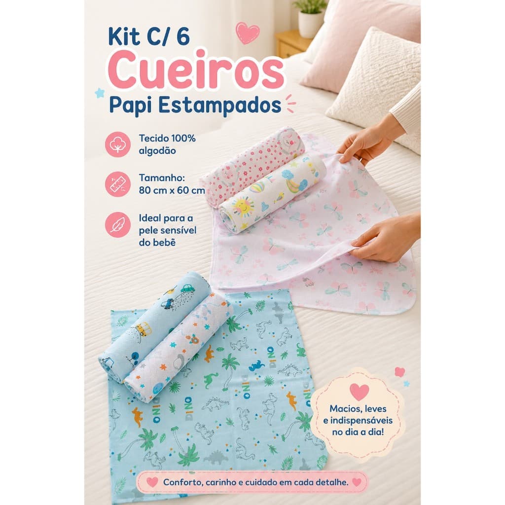 Kit C/ 6 Cueiros Papi Estampados Karinho Bebê Enxoval 80cm x 60cm