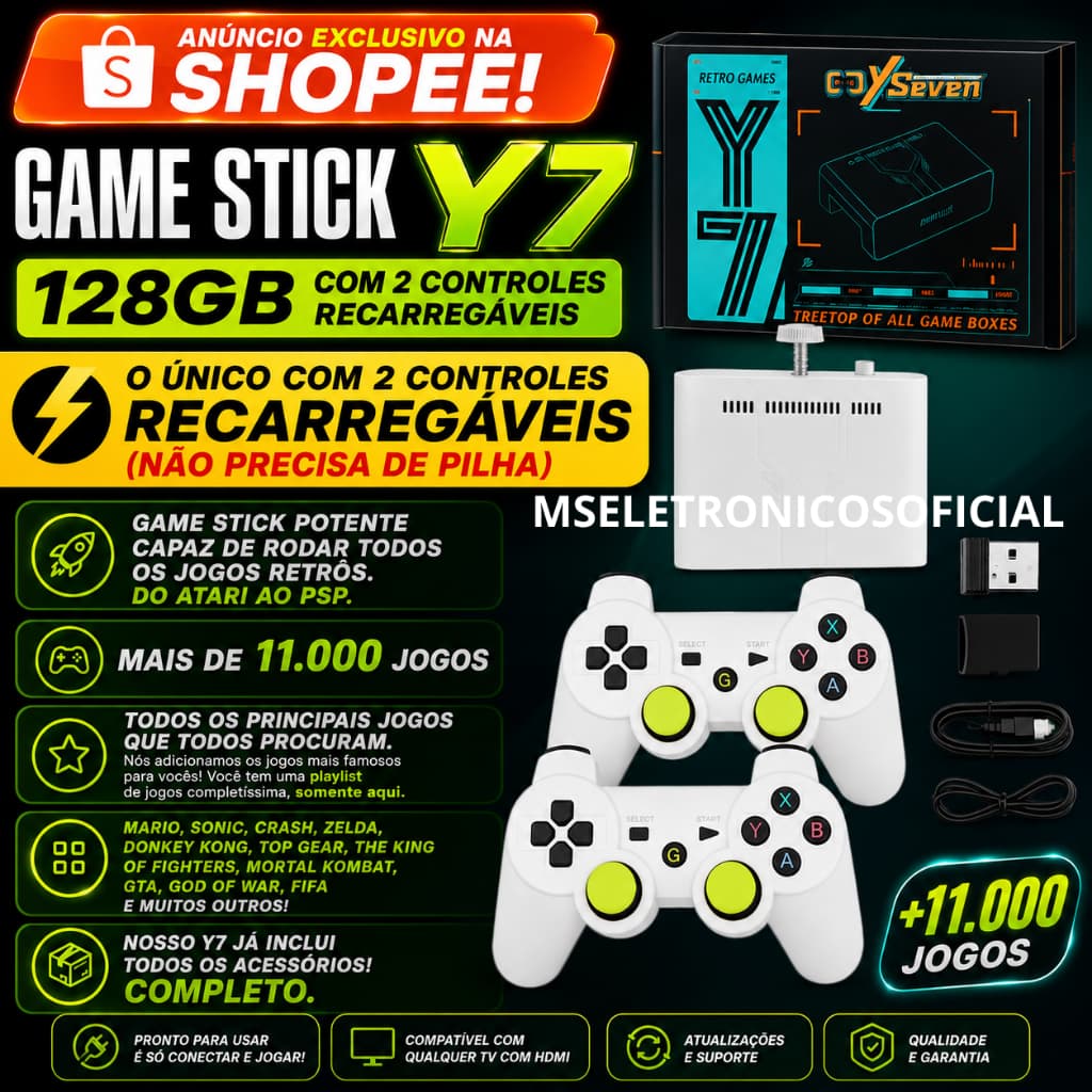 Game Stick Y7 Original 128GB +2 Controles Recarregáveis (NÃO USA PILHAS) Versão 2026 Videogame