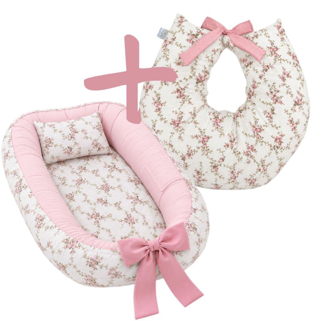 Ninho Redutor de Berço Bebe + Almofada Amamentação Kit 2 Peças Enxoval Bebe Menina Flores Rosa