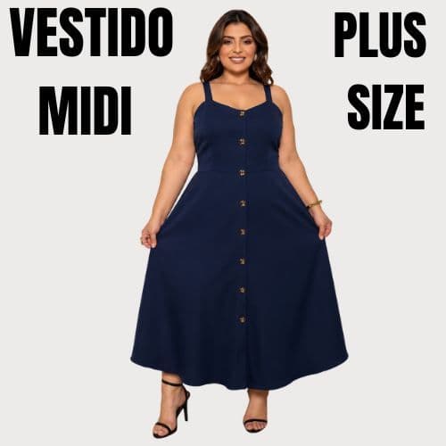 Vestido Feminino Plus Size Midi De Alça Tecido Marrant Sensorial GG G1 G2 G3 Com Elastex nas Costas e Botões Decorativos