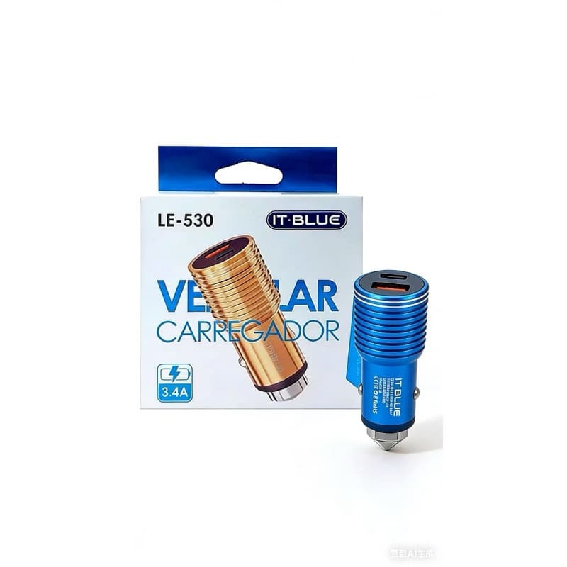 Carregador veicular Turbo 3.4A com duas portas USB tipo C, certificado pela Anatel, frete grátis, compatível com carros