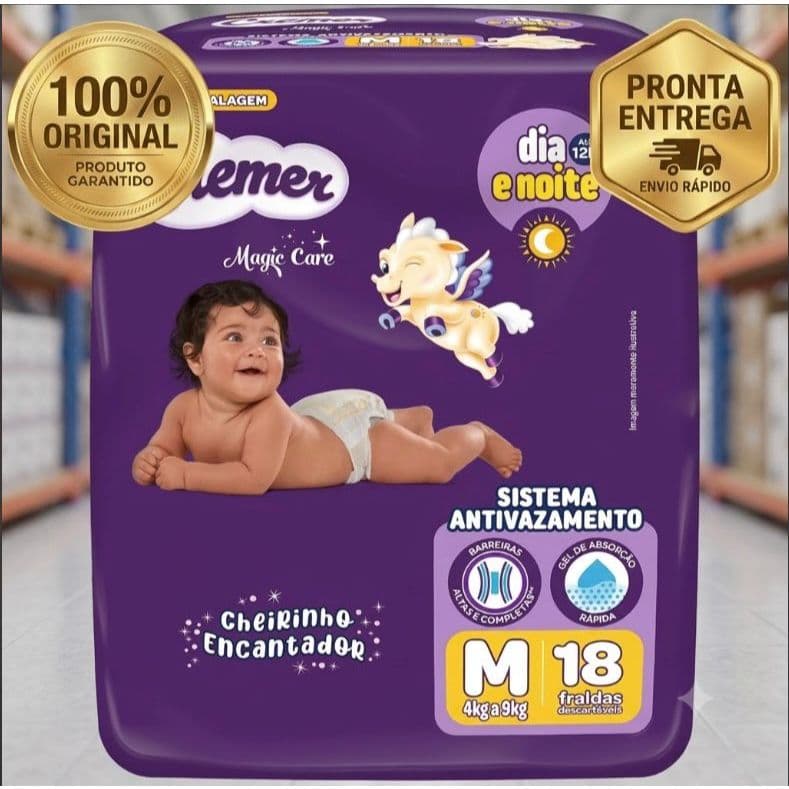 Fralda Descartável Bebê Magic Care M 4-9kg18un Original Antivazamento Dia e Noite Alta Absorção 18un