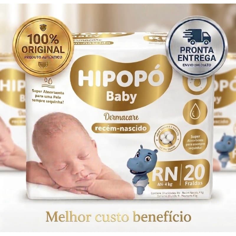 Fralda Descartável Hipopó Baby RN 20 Unidades I Recém - Nascido Até 4kg I Premium Antivazamento.....