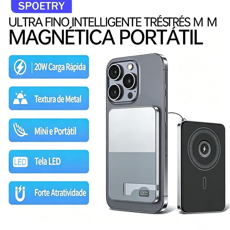 SPOETRY Carregador Portátil Magnético 20000mAh 3C 22.5W Recarga Rápida para Celular e Smartwatch