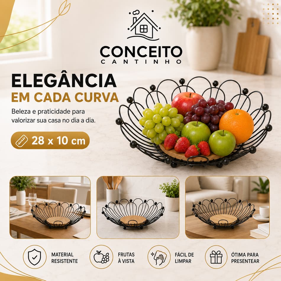 Fruteira de Mesa Rustica de Ferro e Bambu para Café da Manhã Multiuso Metal Preto Cesto Organizador