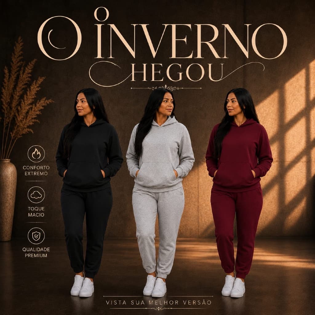 Moletom Canguru Bolso Conjunto Flanelado Inverno Feminino
